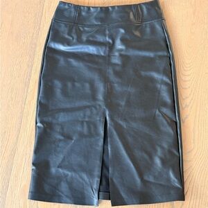Black Faux Leather Pencil Skirt with front split